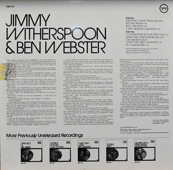 Jimmy Witherspoon & Ben Webster - Previously Unreleased Recordings (LP Tweedehands) - Discords.nl