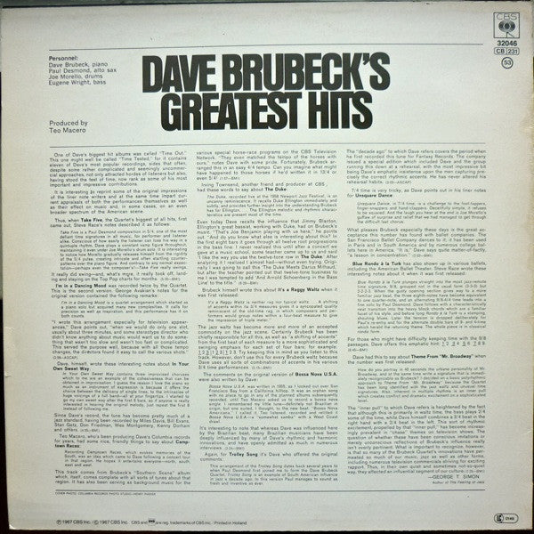 Dave Brubeck - Dave Brubeck's Greatest Hits (LP Tweedehands) - Discords.nl