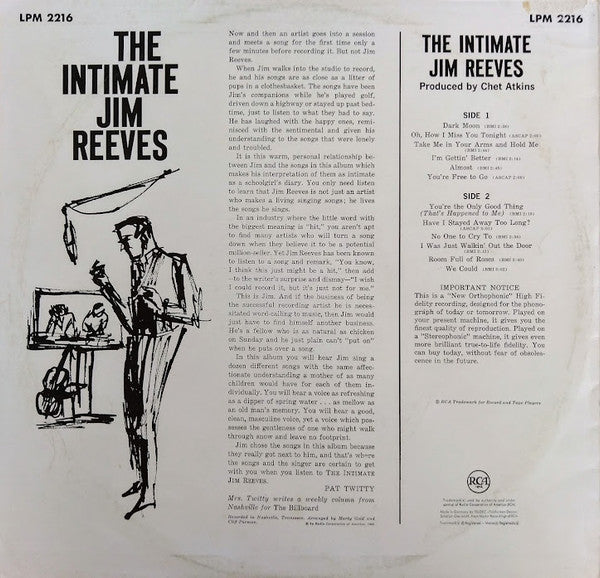 Jim Reeves : The Intimate Jim Reeves (LP, Album, Mono, RE)