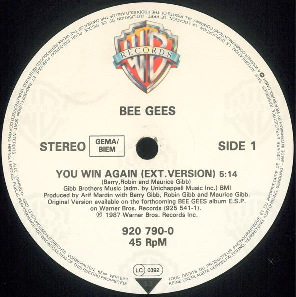 Bee Gees : You Win Again (12", Single)