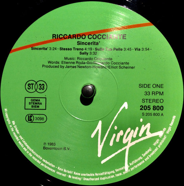 Riccardo Cocciante : Sincerità (LP, Album)