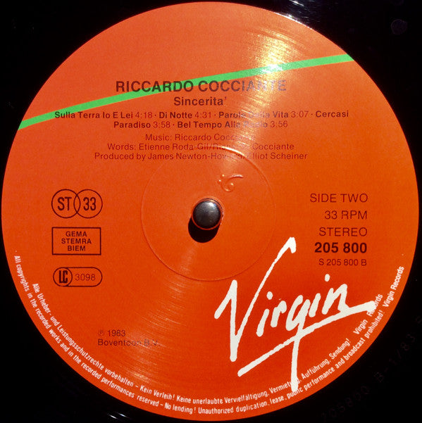 Riccardo Cocciante : Sincerità (LP, Album)