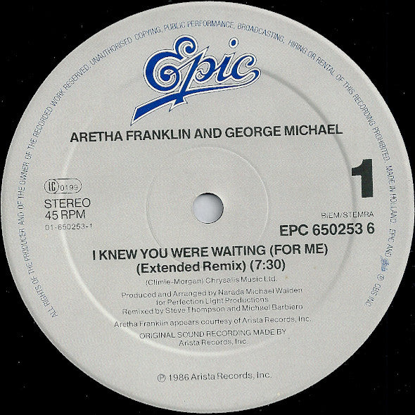 Aretha Franklin & George Michael : I Knew You Were Waiting (For Me) (12", Maxi)
