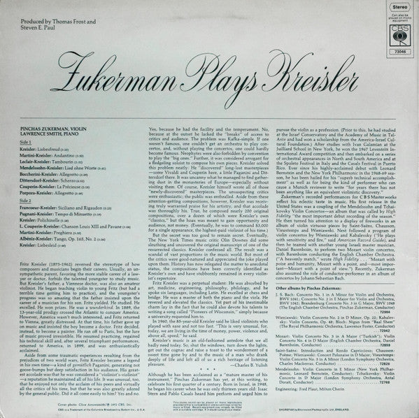 Pinchas Zukerman, Fritz Kreisler : Zukerman Plays Kreisler (LP, Album)