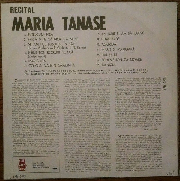 Maria Tănase : Recital Maria Tănase (LP, Comp, Mono, RE)