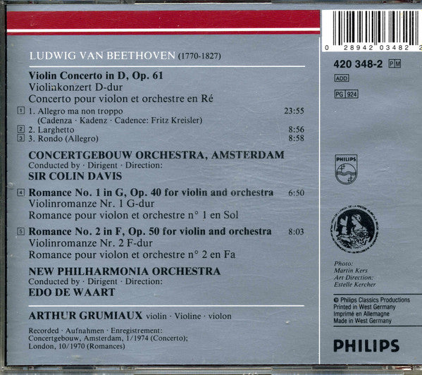 Ludwig van Beethoven - Arthur Grumiaux, Concertgebouworkest, Sir Colin Davis, Philharmonia Orchestra, Edo de Waart - Violin Concerto / Violin Romances Nos. 1 & 2 (CD Tweedehands) - Discords.nl