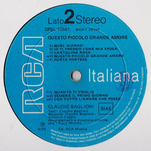 Claudio Baglioni - Questo Piccolo Grande Amore (LP Tweedehands)