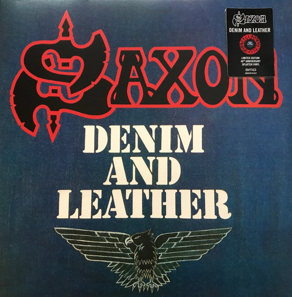 Saxon : Denim And Leather (LP, Album, RE, RM, Red)