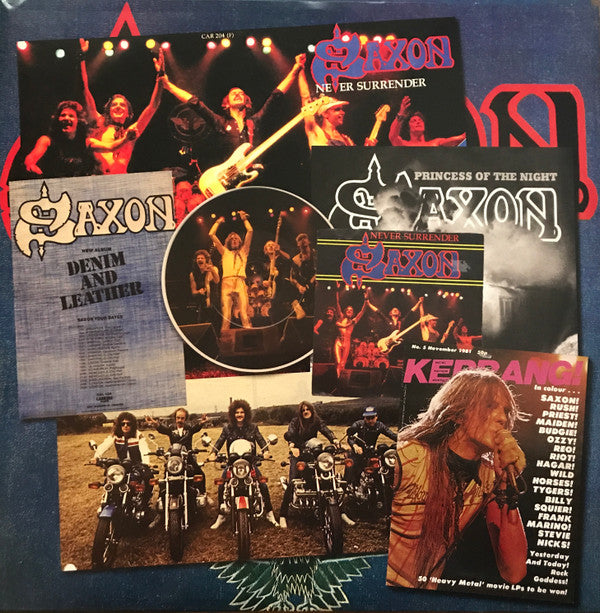 Saxon : Denim And Leather (LP, Album, RE, RM, Red)
