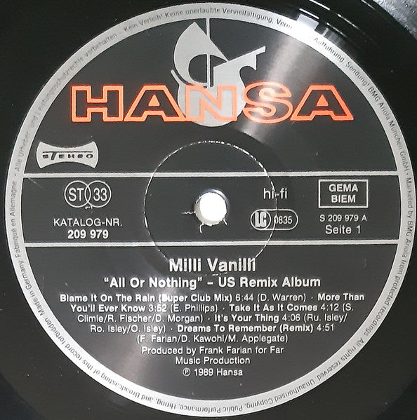 Milli Vanilli - All Or Nothing - The U.S. Remix Album (LP Tweedehands) - Discords.nl