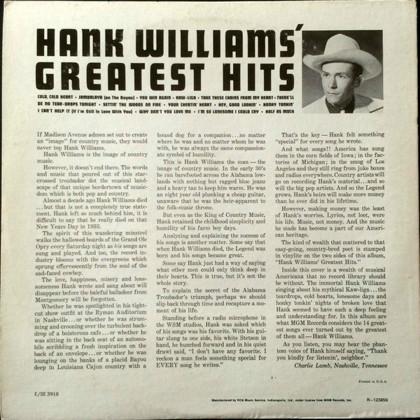 Hank Williams - Hank Williams' Greatest Hits (LP Tweedehands) - Discords.nl