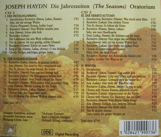 Joseph Haydn - Annegeer Stumphius, Alexander Stevenson, Wolfgang Schöne, Gächinger Kantorei Stuttgart, Bachcollegium Stuttgart, Helmuth Rilling - Die Jahreszeiten (Oratorium) (CD Tweedehands)