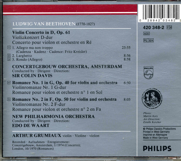 Ludwig van Beethoven - Arthur Grumiaux, Concertgebouworkest, Sir Colin Davis, Philharmonia Orchestra, Edo de Waart - Violin Concerto / Violin Romances Nos. 1 & 2 (CD Tweedehands)