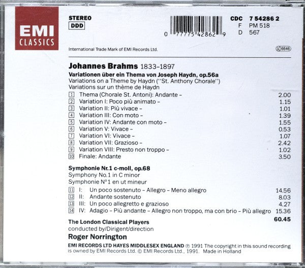 Johannes Brahms - London Classical Players, Roger Norrington - Symphonie 1 / Haydn - Variationen (CD) - Discords.nl