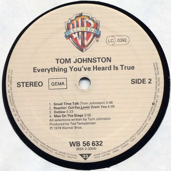 Tom Johnston - Everything You've Heard Is True (LP Tweedehands) - Discords.nl