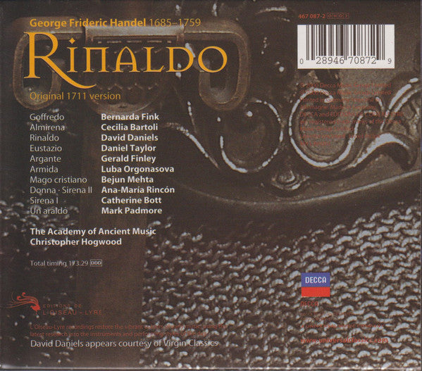 Georg Friedrich Händel – Cecilia Bartoli • David Daniels (3) • Bernarda Fink • Gerald Finley • Luba Orgonasova • Daniel Taylor (3) • Academy Of Ancient Music, The • Christopher Hogwood - Rinaldo (CD)