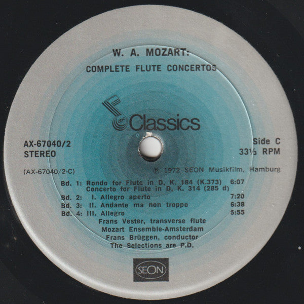 Wolfgang Amadeus Mozart - Frans Vester , Flauto Traverso - Edward Witsenburg , Harfe / Harp / Harpe Mozart-Ensemble Amsterdam, Frans Brüggen - Flute Concertos (LP Tweedehands) - Discords.nl