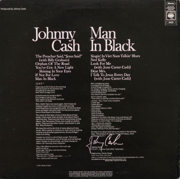 Johnny Cash - Man In Black (LP Tweedehands)