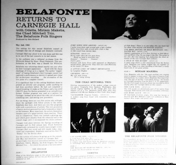 Harry Belafonte With Odetta, Miriam Makeba, Chad Mitchell Trio, The And Belafonte Folk Singers, The Conducted By Robert DeCormier - Belafonte Returns To Carnegie Hall (LP Tweedehands) - Discords.nl