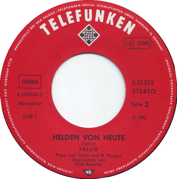 Falco - Der Kommissar / Helden Von Heute (7-inch Tweedehands)