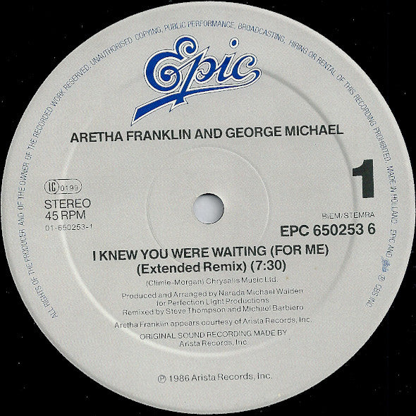 Aretha Franklin & George Michael - I Knew You Were Waiting (For Me) (12" Tweedehands)