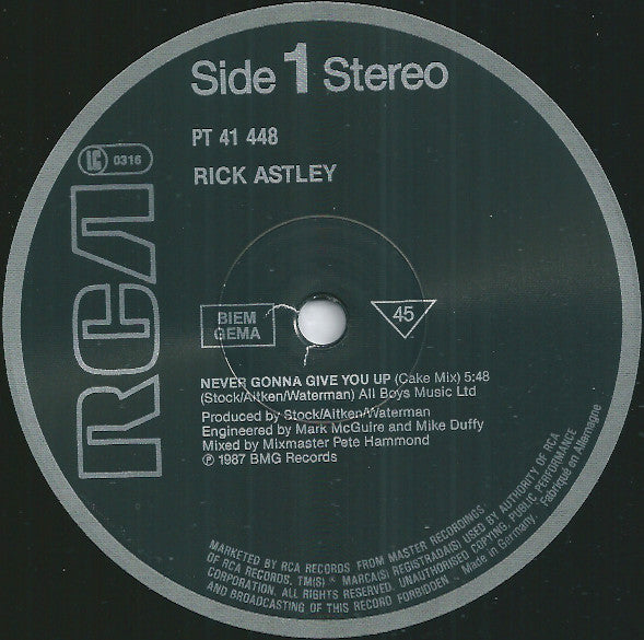 Rick Astley - Never Gonna Give You Up (12" Tweedehands)