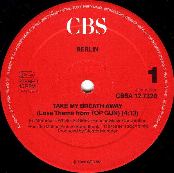 Berlin - Take My Breath Away (Love Theme From "Top Gun") (12" Tweedehands)