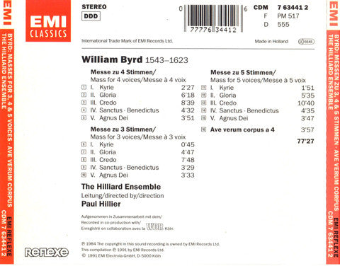William Byrd, Hilliard Ensemble, The - Masses For 3, 4 & 5 Voices - Ave Verum (CD Tweedehands) - Discords.nl