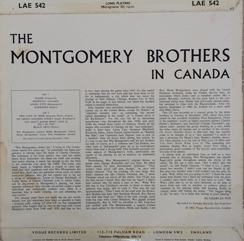 Montgomery Brothers, The -  The Montgomery Brothers In Canada (LP Tweedehands) - Discords.nl