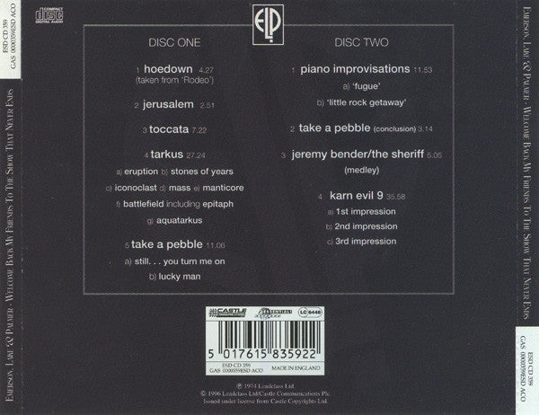 Emerson, Lake & Palmer - Welcome Back, My Friends To The Show That Never Ends ~ Ladies And Gentlemen (CD)