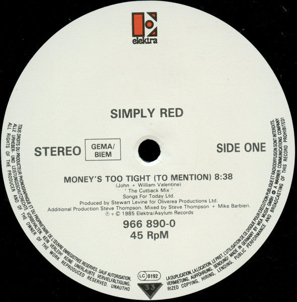 Simply Red - Money's Too Tight (To Mention) (The Cutback Mix) (12" Tweedehands)