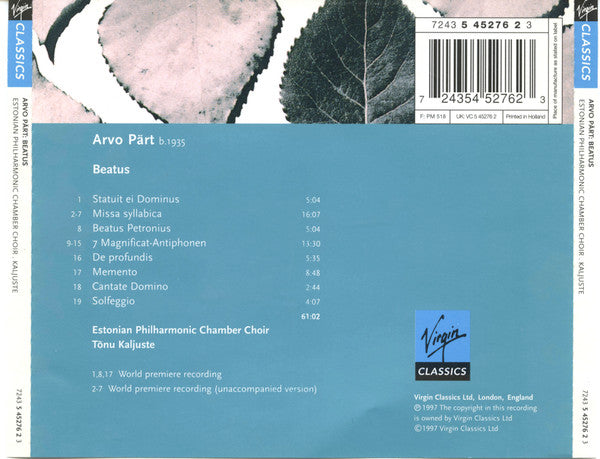 Arvo Pärt - Estonian Philharmonic Chamber Choir, Tõnu Kaljuste - Beatus (CD Tweedehands)