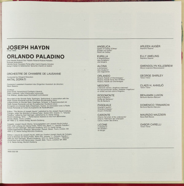 Joseph Haydn - Arleen Auger, Elly Ameling, Gwendolyn Killebrew, George Shirley, Claes-Håkan Ahnsjö, Benjamin Luxon, Domenico Trimarchi, Orchestre De Chambre De Lausanne, Antal Dorati - Orlando Paladino (LP Tweedehands) - Discords.nl