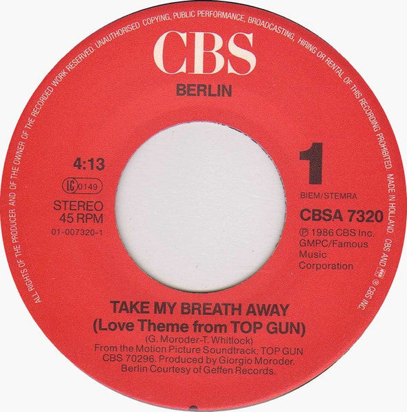 Berlin - Take My Breath Away (Love Theme From "Top Gun") (7-inch Tweedehands)