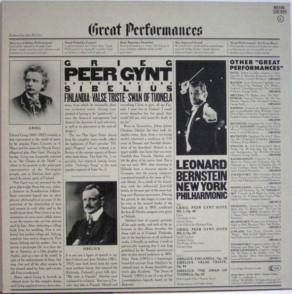 Edvard Grieg / Jean Sibelius - Leonard Bernstein, New York Philharmonic - Peer Gynt Suites No. 1 & 2 / Valse Triste, Finlandia, The Swan Of Tuonela (LP Tweedehands)