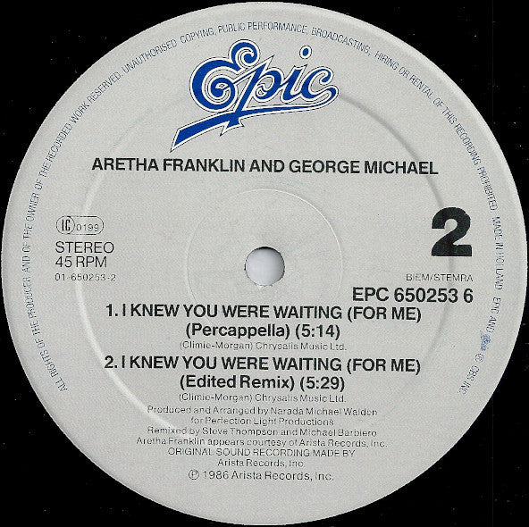 Aretha Franklin & George Michael - I Knew You Were Waiting (For Me) (12" Tweedehands)