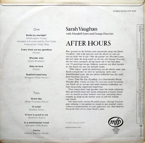 Sarah Vaughan With Mundell Lowe And George Duvivier - After Hours (LP Tweedehands) - Discords.nl