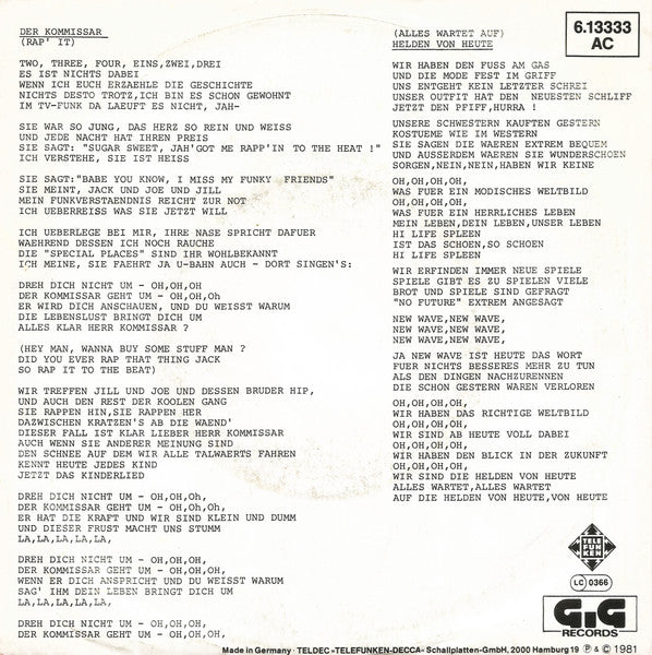 Falco - Der Kommissar / Helden Von Heute (7-inch Tweedehands)