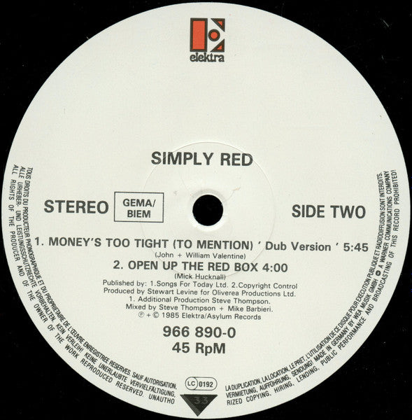 Simply Red - Money's Too Tight (To Mention) (The Cutback Mix) (12" Tweedehands)