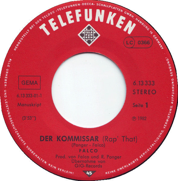 Falco - Der Kommissar / Helden Von Heute (7-inch Tweedehands)