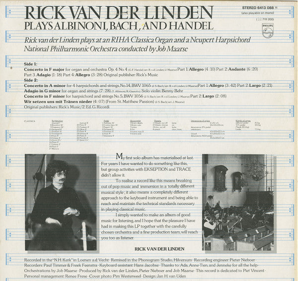 Rick Van Der Linden - Plays Albinoni, Bach And Handel (LP Tweedehands)