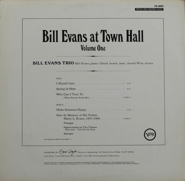 Bill Evans Trio, The - Bill Evans At Town Hall (Volume One) (LP Tweedehands) - Discords.nl