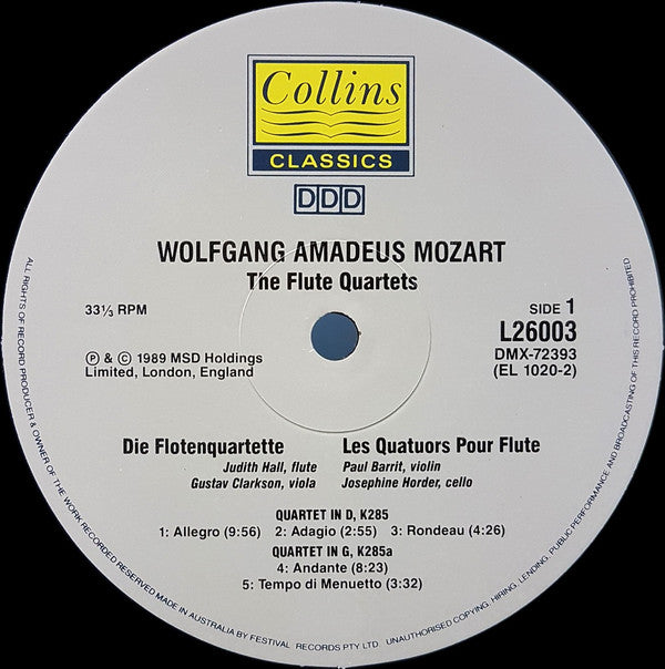Wolfgang Amadeus Mozart, Judith Hall : The Flute Quartets (LP)