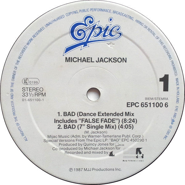 Michael Jackson : Bad (12", Maxi)