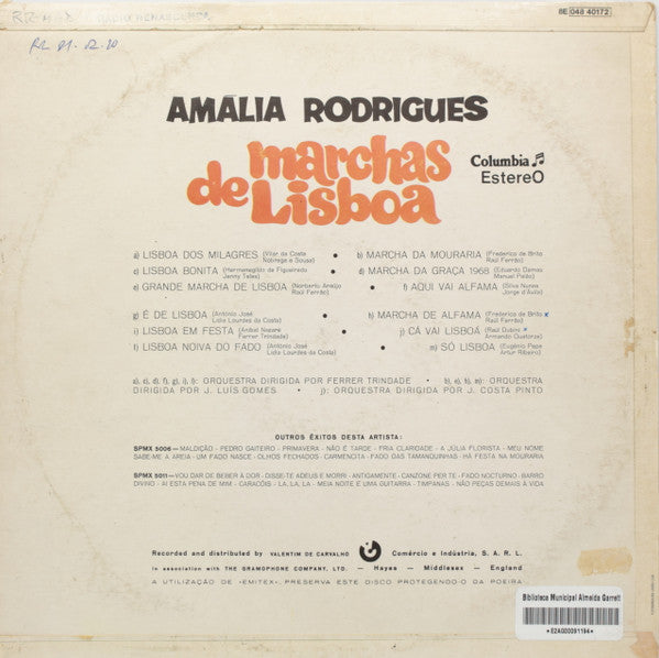 Amália Rodrigues : Marchas De Lisboa (LP, Album, RE)