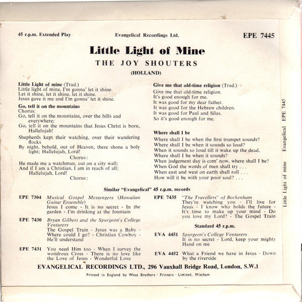 Joy Shouters : Little Light Of Mine  (7", EP)