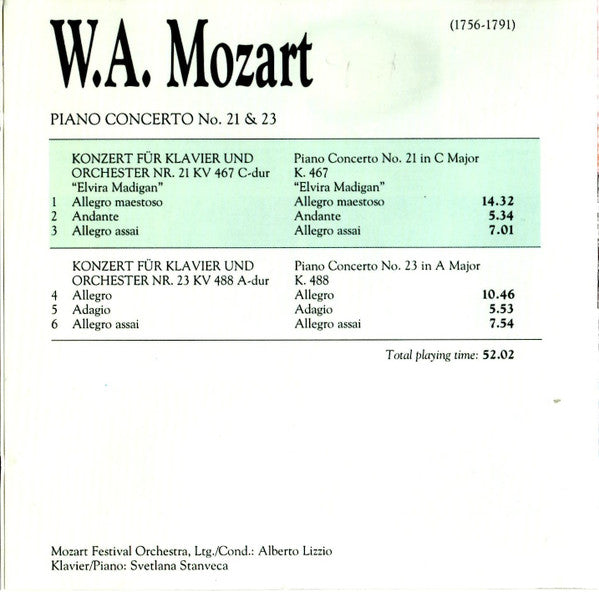 Wolfgang Amadeus Mozart : Konzert Für Klavier Und Orchester  Nr. 21 'Elvira Madigan' /  Konzert Für Klavier Und Orchester Nr. 23 (CD, Comp)