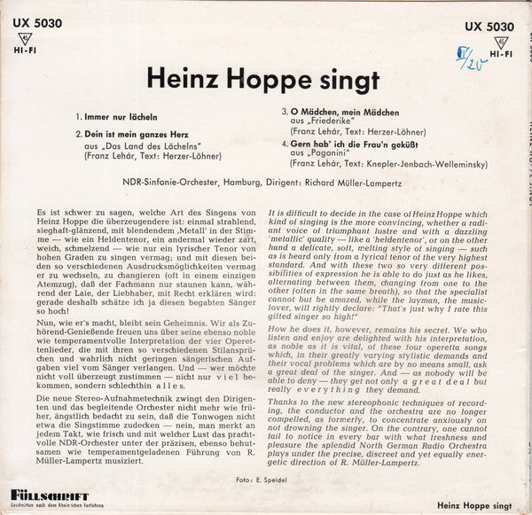 Heinz Hoppe : Heinz Hoppe Singt "Dein Ist Mein Ganzen Herz" (7", Mono)