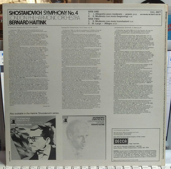 Dmitri Shostakovich, The London Philharmonic Orchestra, Bernard Haitink : Symphony No. 4 (LP, Album)
