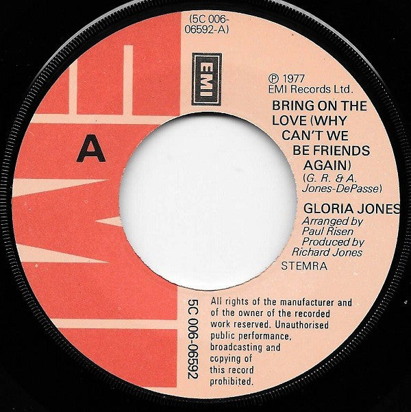 Gloria Jones : Bring On The Love (Why Can't We Be Friends Again) (7", Single)